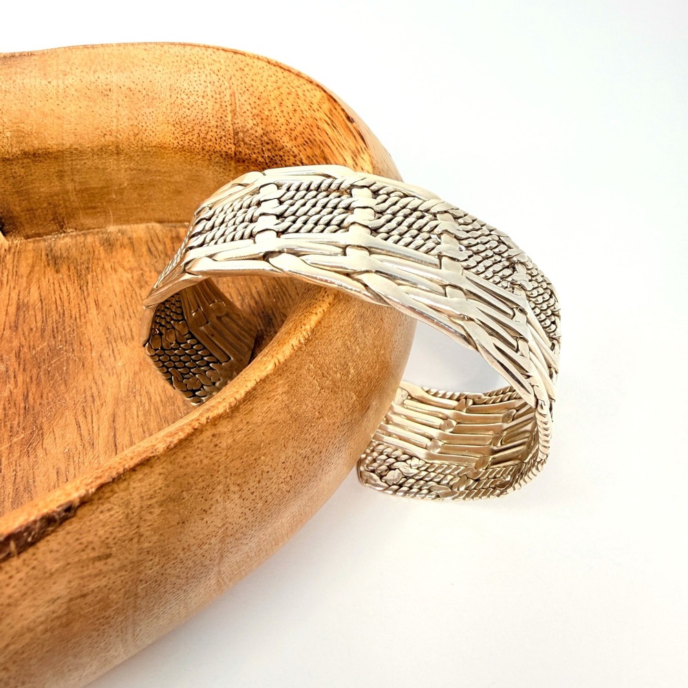 Vintage Sterling Silver Basket Weave Cuff Taxco Style Flat Braided Bracelet - Picture 2 of 8